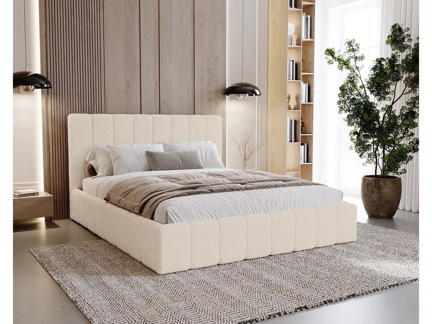 BESILIO Lit de chambre Slim 160x200 Lexy – cadre en métal, coffre de rangement pour le linge de lit, lit fin, tissu bouclé – Crème
