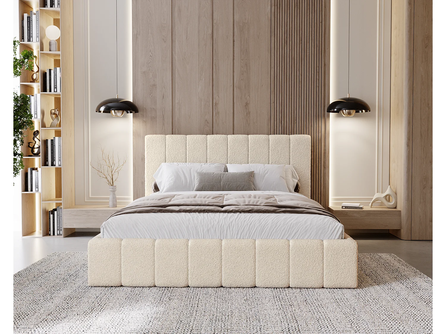 BESILIO Sypialnia łóżko slim 200x200 Lexy - stelaż metalowy, pojemnik na pościel, slim łóżko, tkanina boucle - Kremowy