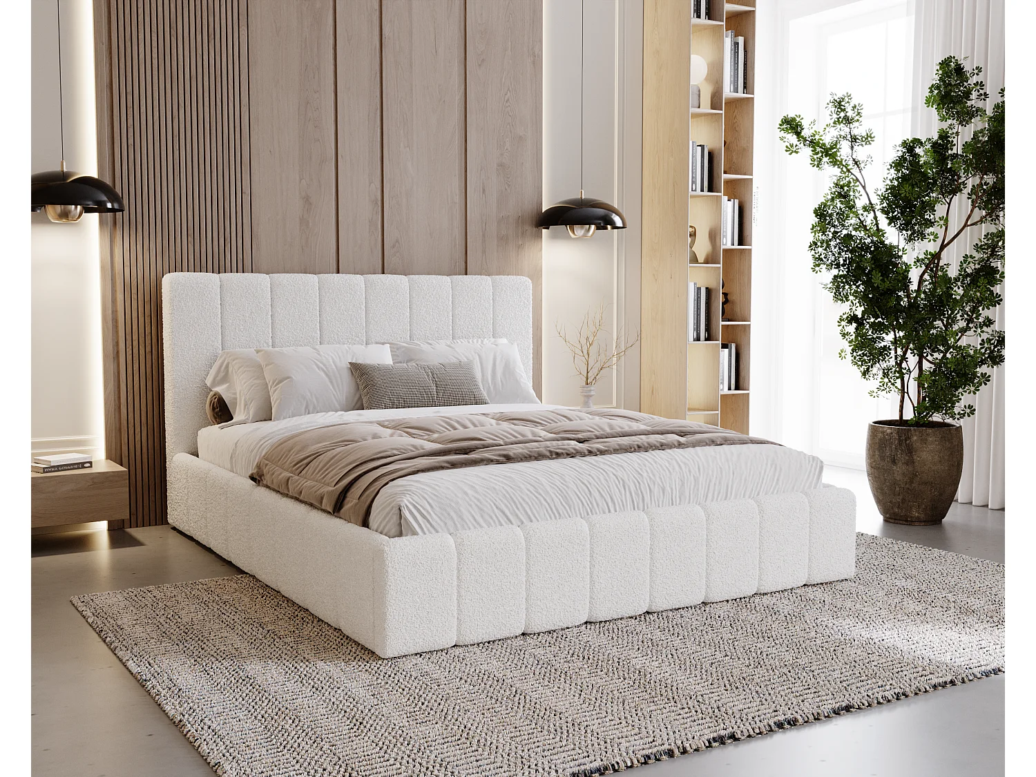 BESILIO Slaapkamerbed Slim 120x200 Lexy – metalen frame, opbergruimte voor beddengoed, slank bed, boucléstof – Wit