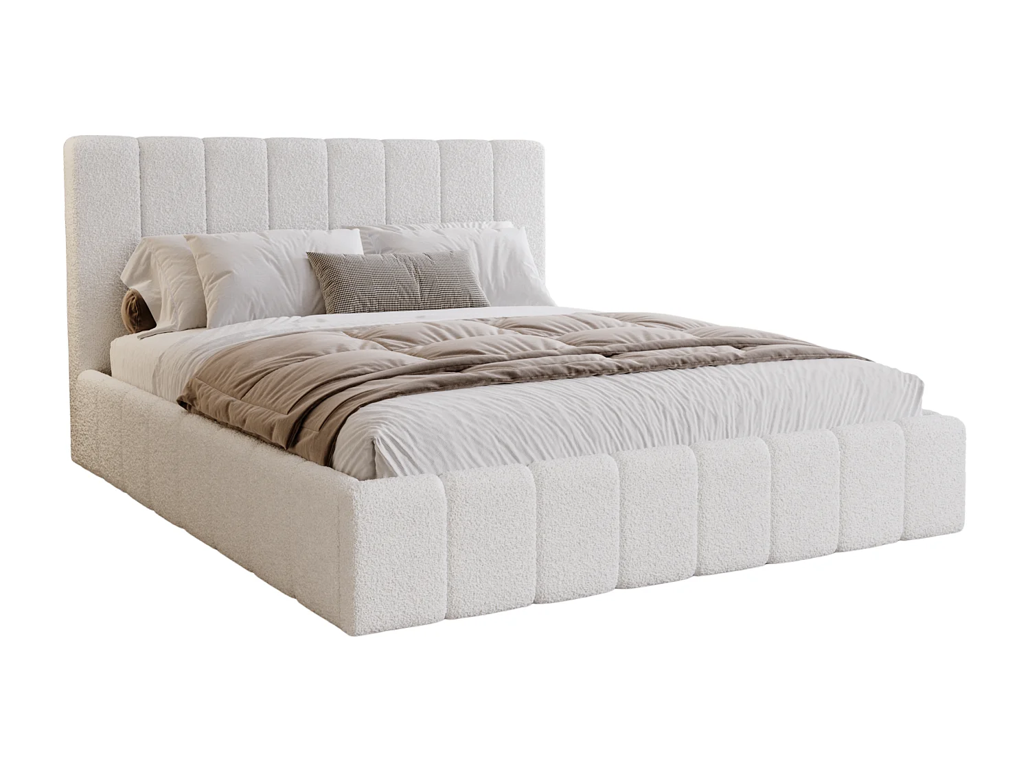 BESILIO Sypialnia łóżko slim 120x200 Lexy - stelaż metalowy, pojemnik na pościel, slim łóżko, tkanina boucle - Biały