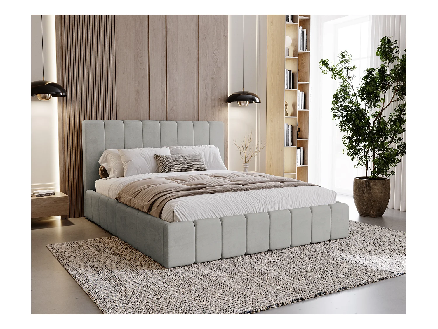 BESILIO Tapicerowane łóżko slim 120x200 Lexy - stelaż metalowy, pojemnik na pościel, slim łóżko, tkanina velurowa - Jasnoszary