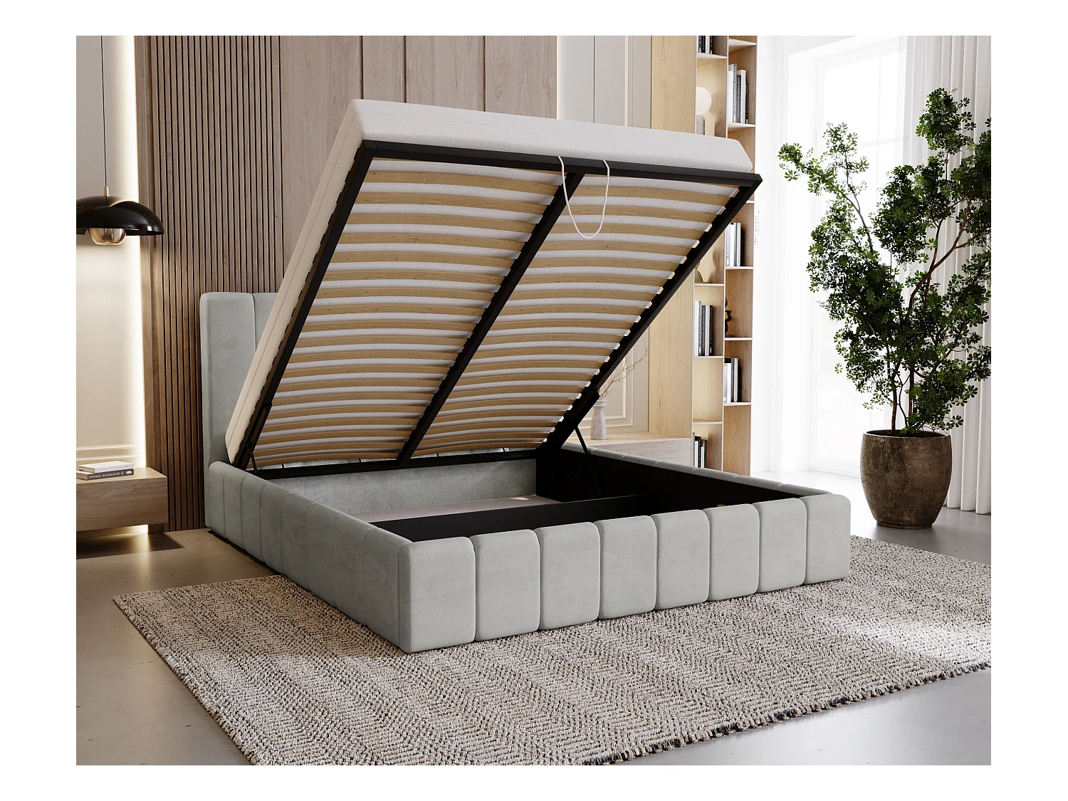 BESILIO Tapicerowane łóżko slim 120x200 Lexy - stelaż metalowy, pojemnik na pościel, slim łóżko, tkanina velurowa - Jasnoszary