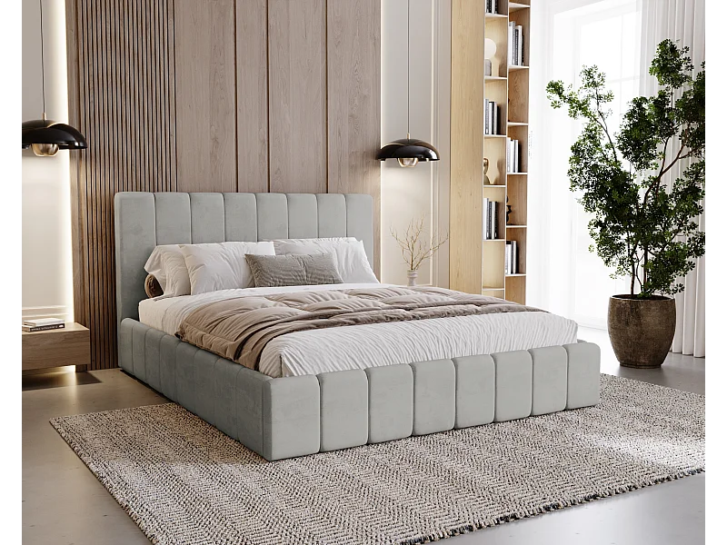 BESILIO Lit tapissé Slim 120x200 Lexy – cadre en métal, coffre de rangement pour le linge de lit, lit fin, tissu velours – Gris clair