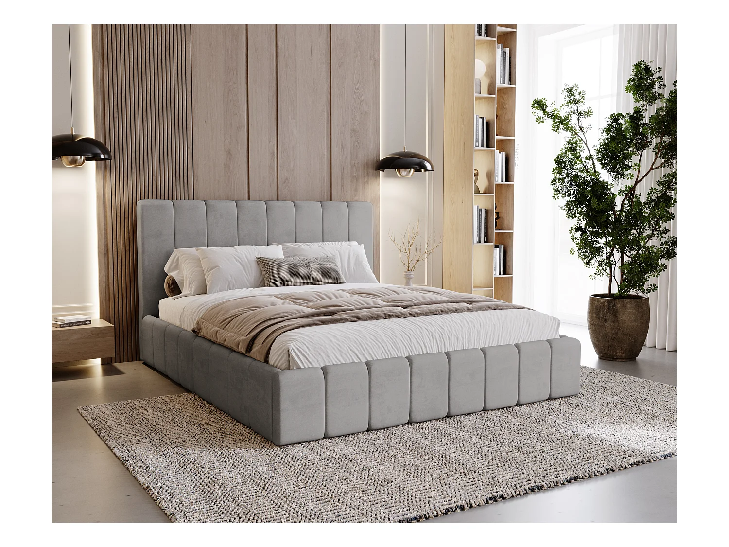 BESILIO Tapicerowane łóżko slim 140x200 Lexy - stelaż metalowy, pojemnik na pościel, slim łóżko, tkanina velurowa - Szary