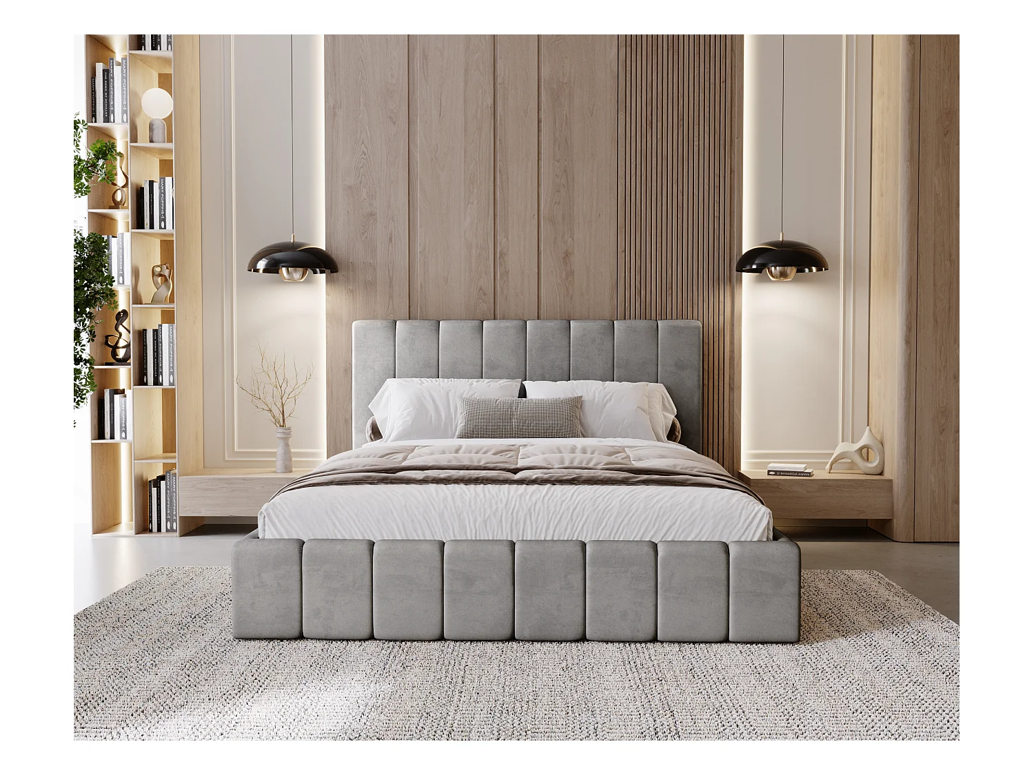 BESILIO Tapicerowane łóżko slim 140x200 Lexy - stelaż metalowy, pojemnik na pościel, slim łóżko, tkanina velurowa - Szary