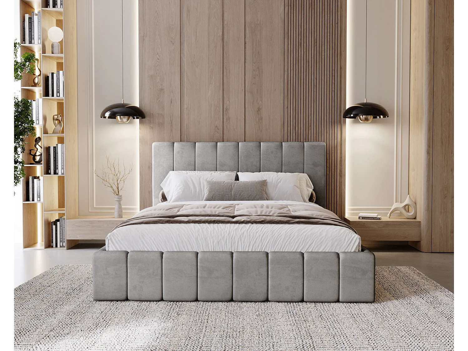 BESILIO Lit tapissé Slim 140x200 Lexy – cadre en métal, coffre de rangement pour le linge de lit, lit fin, tissu velours – Gris