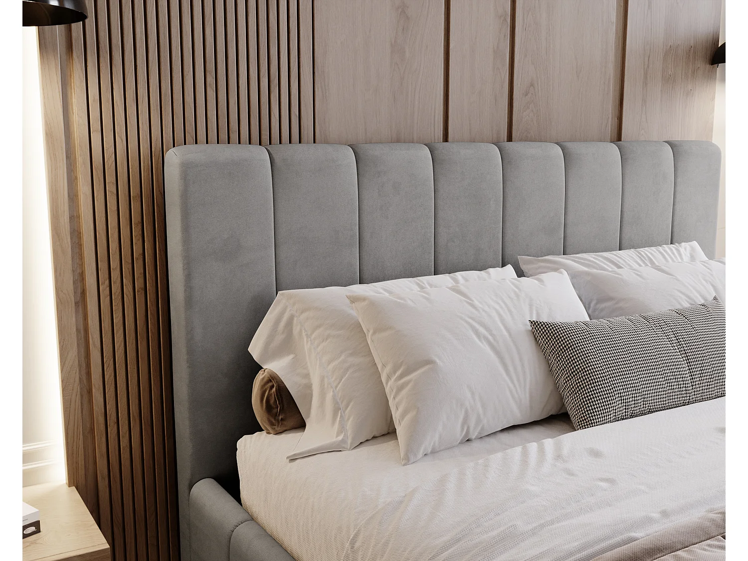 BESILIO Lit tapissé Slim 140x200 Lexy – cadre en métal, coffre de rangement pour le linge de lit, lit fin, tissu velours – Gris