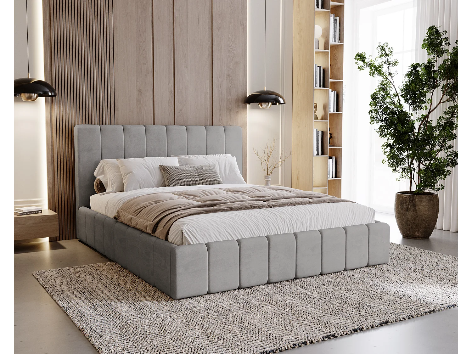 BESILIO Tapicerowane łóżko slim 140x200 Lexy - stelaż metalowy, pojemnik na pościel, slim łóżko, tkanina velurowa - Szary