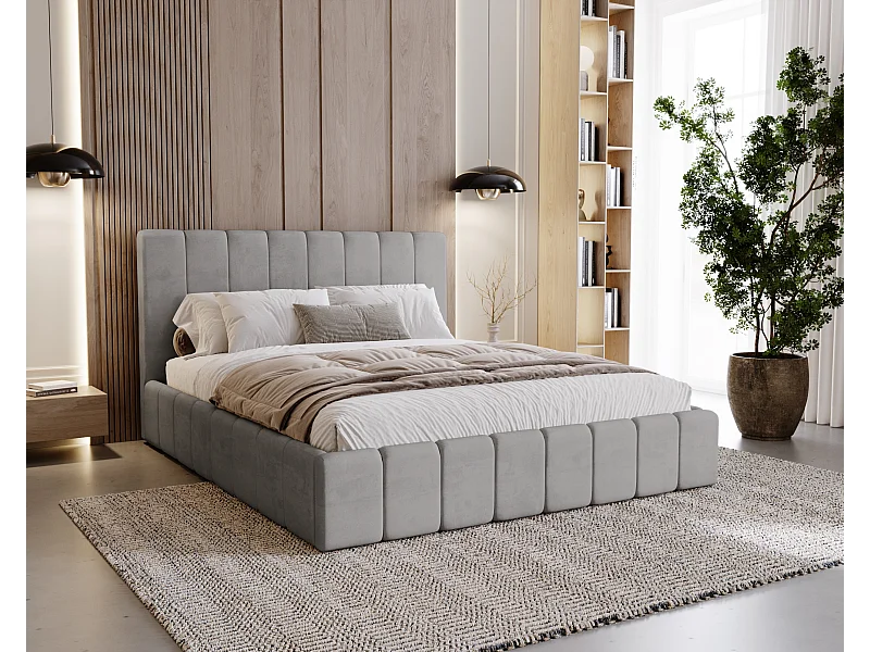 BESILIO Lit tapissé Slim 140x200 Lexy – cadre en métal, coffre de rangement pour le linge de lit, lit fin, tissu velours – Gris