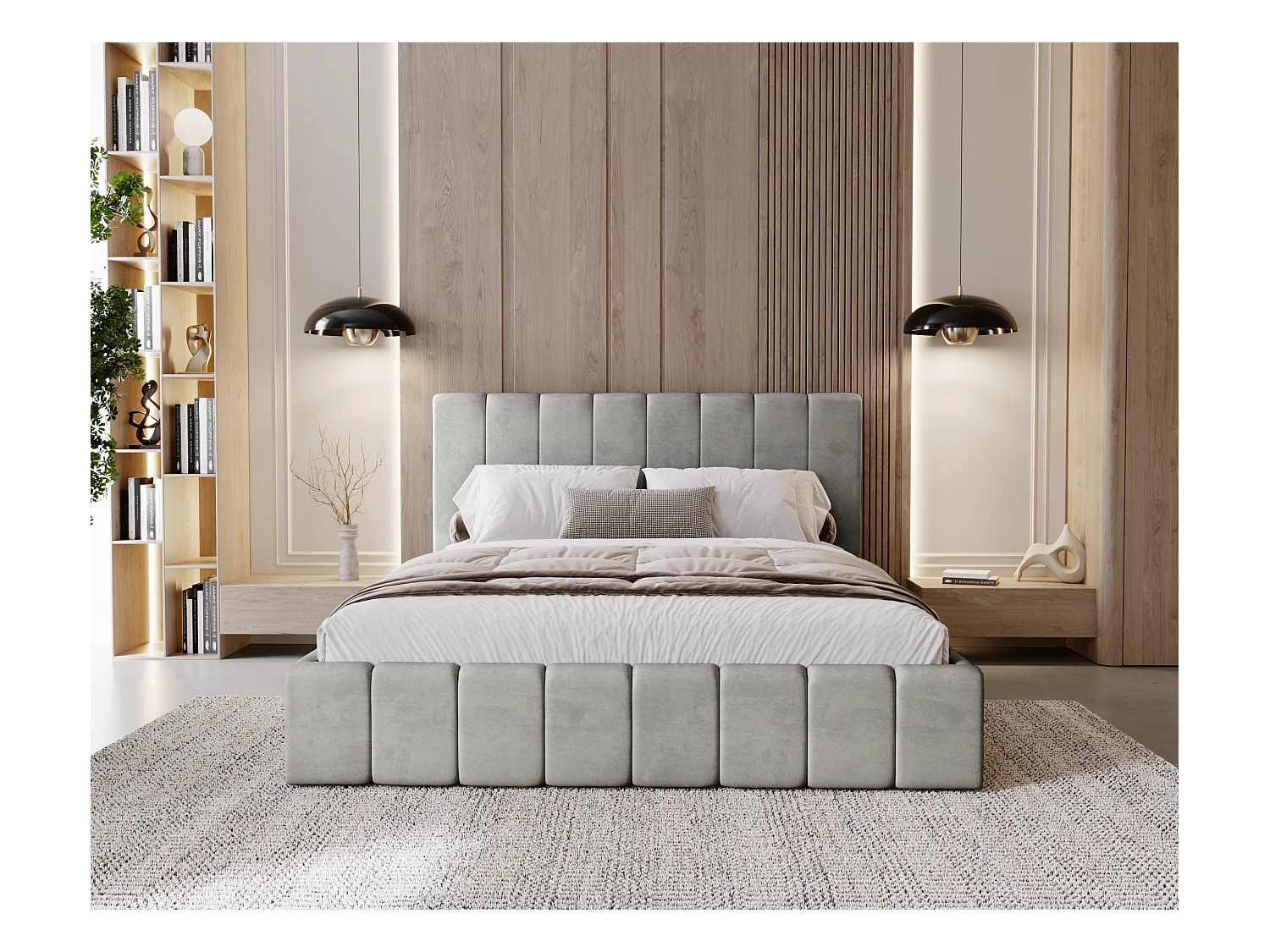 BESILIO Tapicerowane łóżko slim 140x200 Lexy - stelaż metalowy, pojemnik na pościel, slim łóżko, tkanina velurowa - Jasnoszary