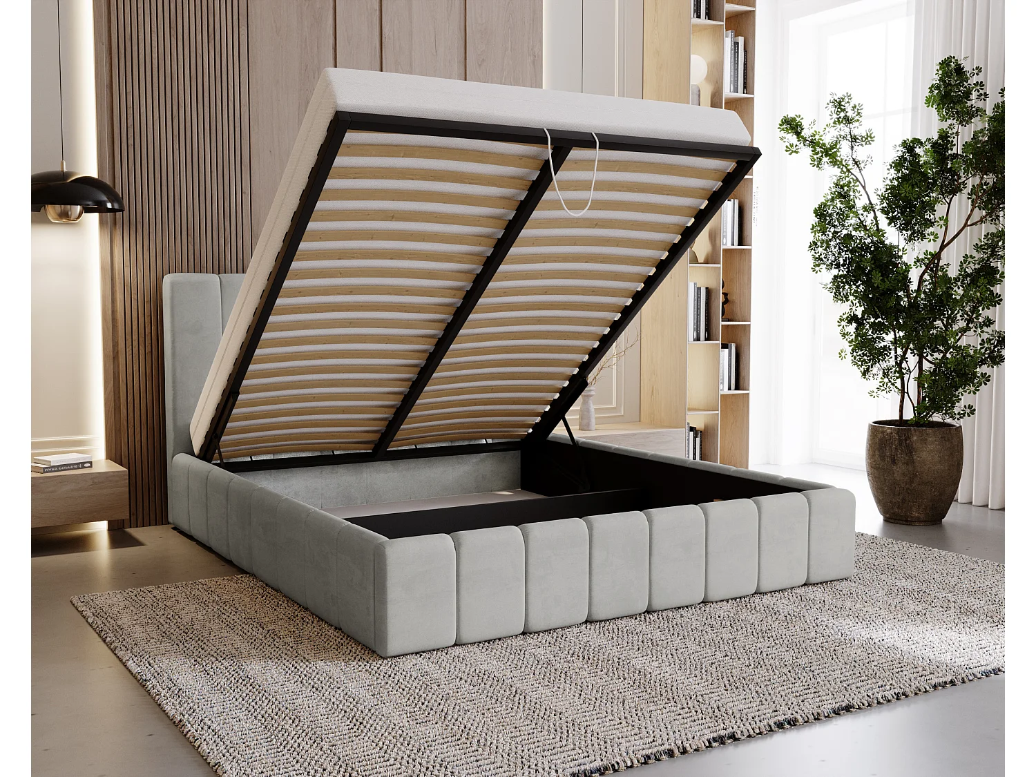 BESILIO Lit tapissé Slim 140x200 Lexy – cadre en métal, coffre de rangement pour le linge de lit, lit fin, tissu velours – Gris clair