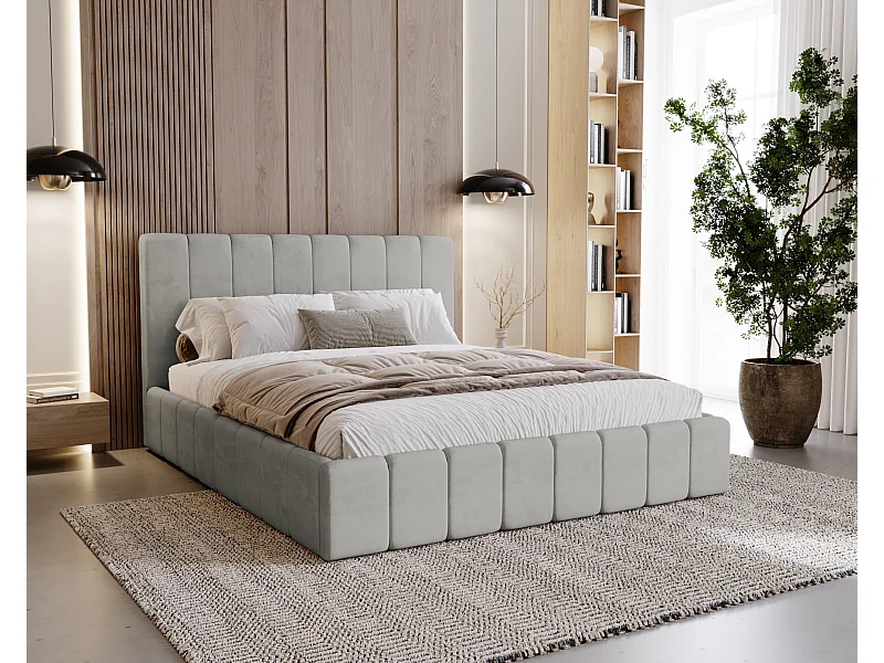 BESILIO Lit tapissé Slim 140x200 Lexy – cadre en métal, coffre de rangement pour le linge de lit, lit fin, tissu velours – Gris clair