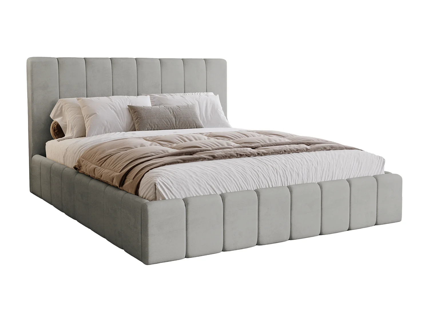 BESILIO Lit tapissé Slim 200x200 Lexy – cadre en métal, coffre de rangement pour le linge de lit, lit fin, tissu velours – Gris clair