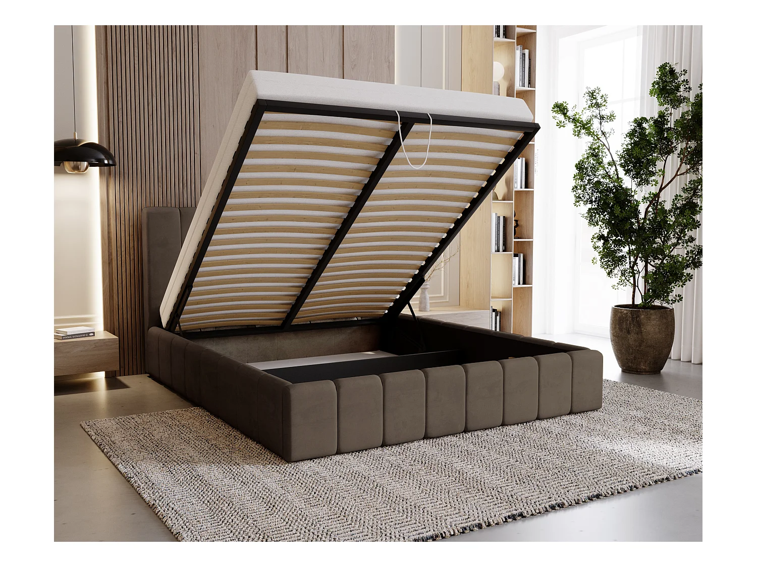 BESILIO Gestoffeerd bed Slim 180x200 Lexy – metalen frame, opbergruimte voor beddengoed, slank bed, fluwelen stof – Bruin