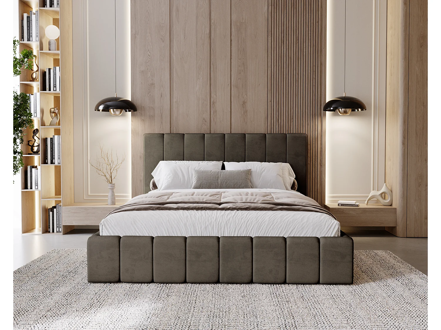 BESILIO Tapicerowane łóżko slim 180x200 Lexy - stelaż metalowy, pojemnik na pościel, slim łóżko, tkanina velurowa - Brązowy