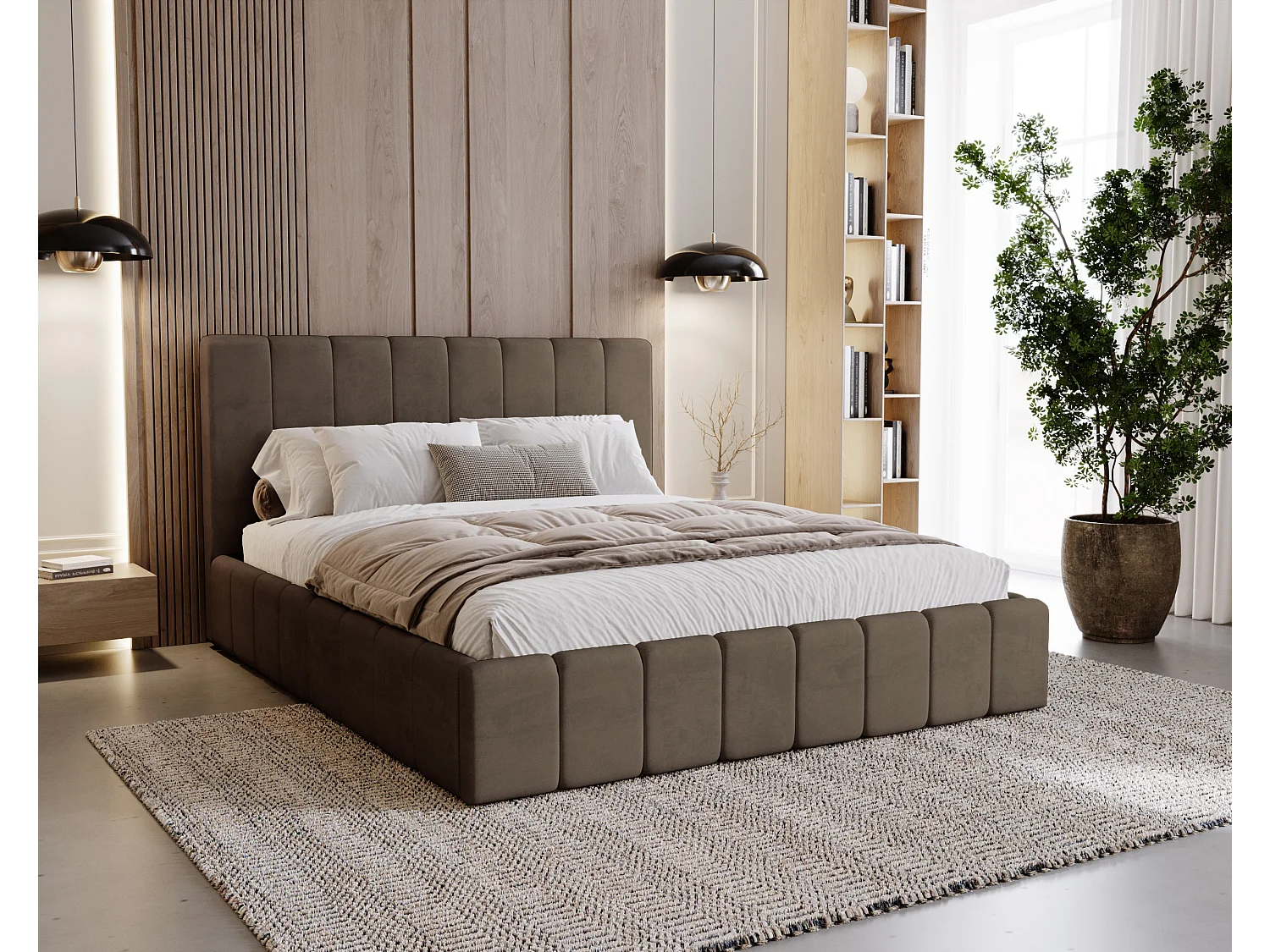 BESILIO Tapicerowane łóżko slim 180x200 Lexy - stelaż metalowy, pojemnik na pościel, slim łóżko, tkanina velurowa - Brązowy