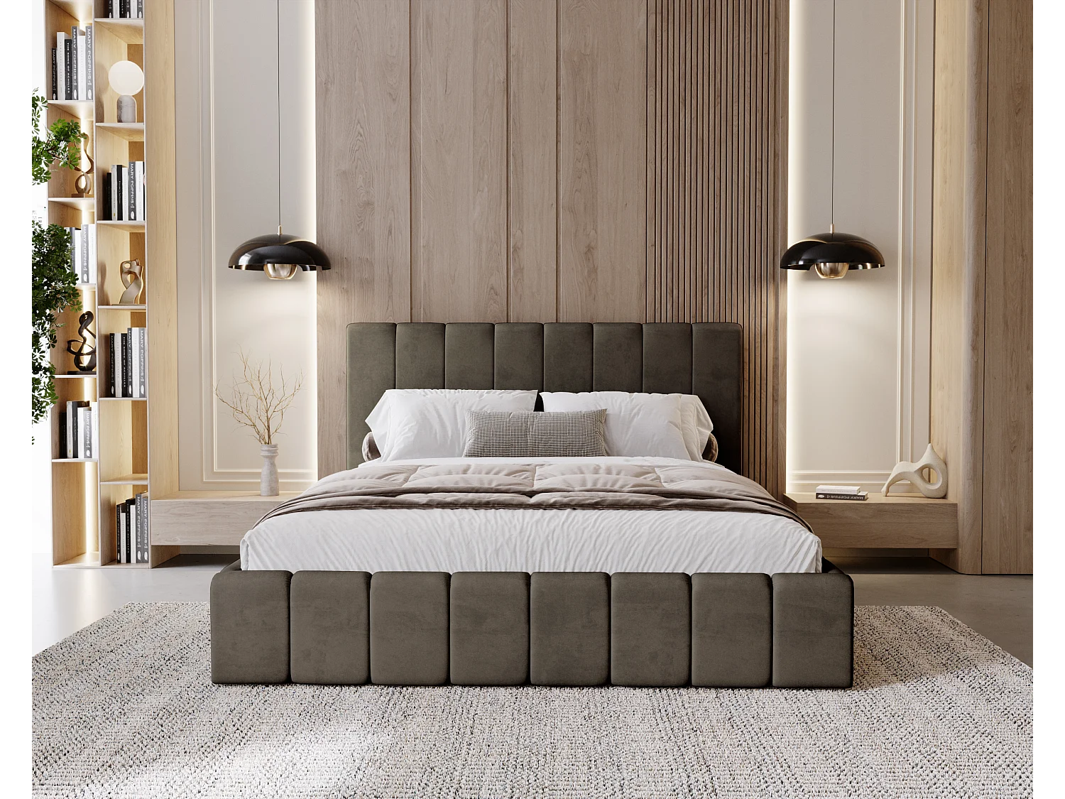 BESILIO Tapicerowane łóżko slim 180x200 Lexy - stelaż metalowy, pojemnik na pościel, slim łóżko, tkanina velurowa - Brązowy