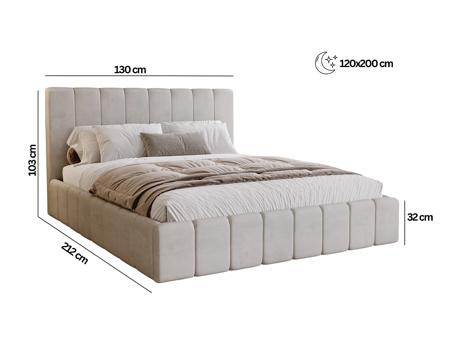 BESILIO Sypialnia łóżko slim 120x200 Lexy - stelaż metalowy, pojemnik na pościel, slim łóżko, tkanina boucle - Kremowy