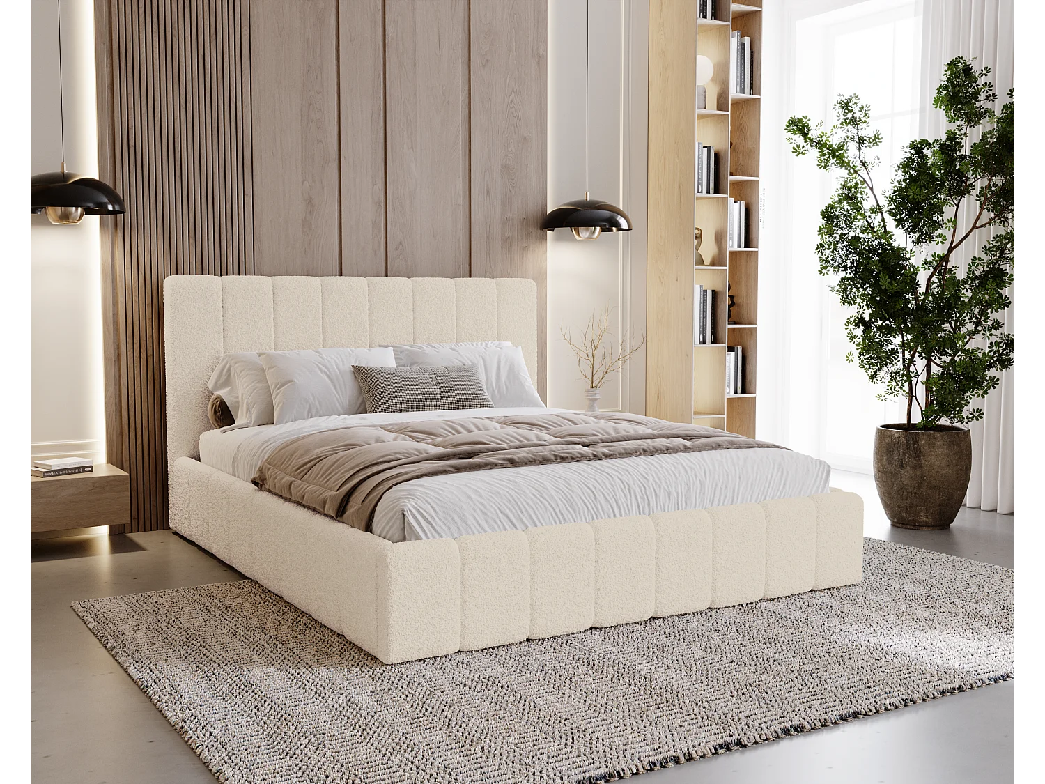 BESILIO Lit de chambre Slim 120x200 Lexy – cadre en métal, coffre de rangement pour le linge de lit, lit fin, tissu bouclé – Crème