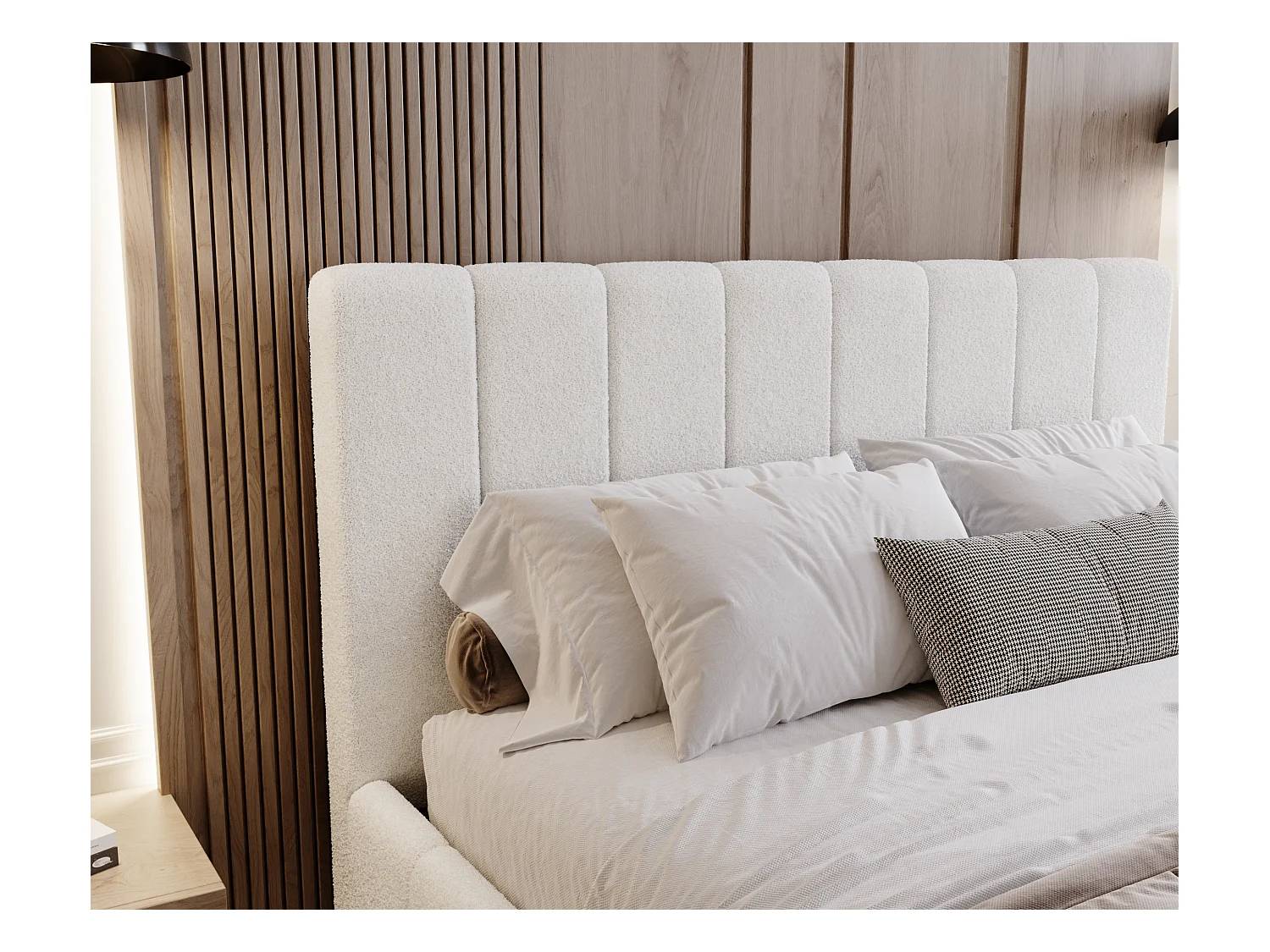 BESILIO Lit de chambre Slim 200x200 Lexy – cadre en métal, coffre de rangement pour le linge de lit, lit fin, tissu bouclé – Blanc