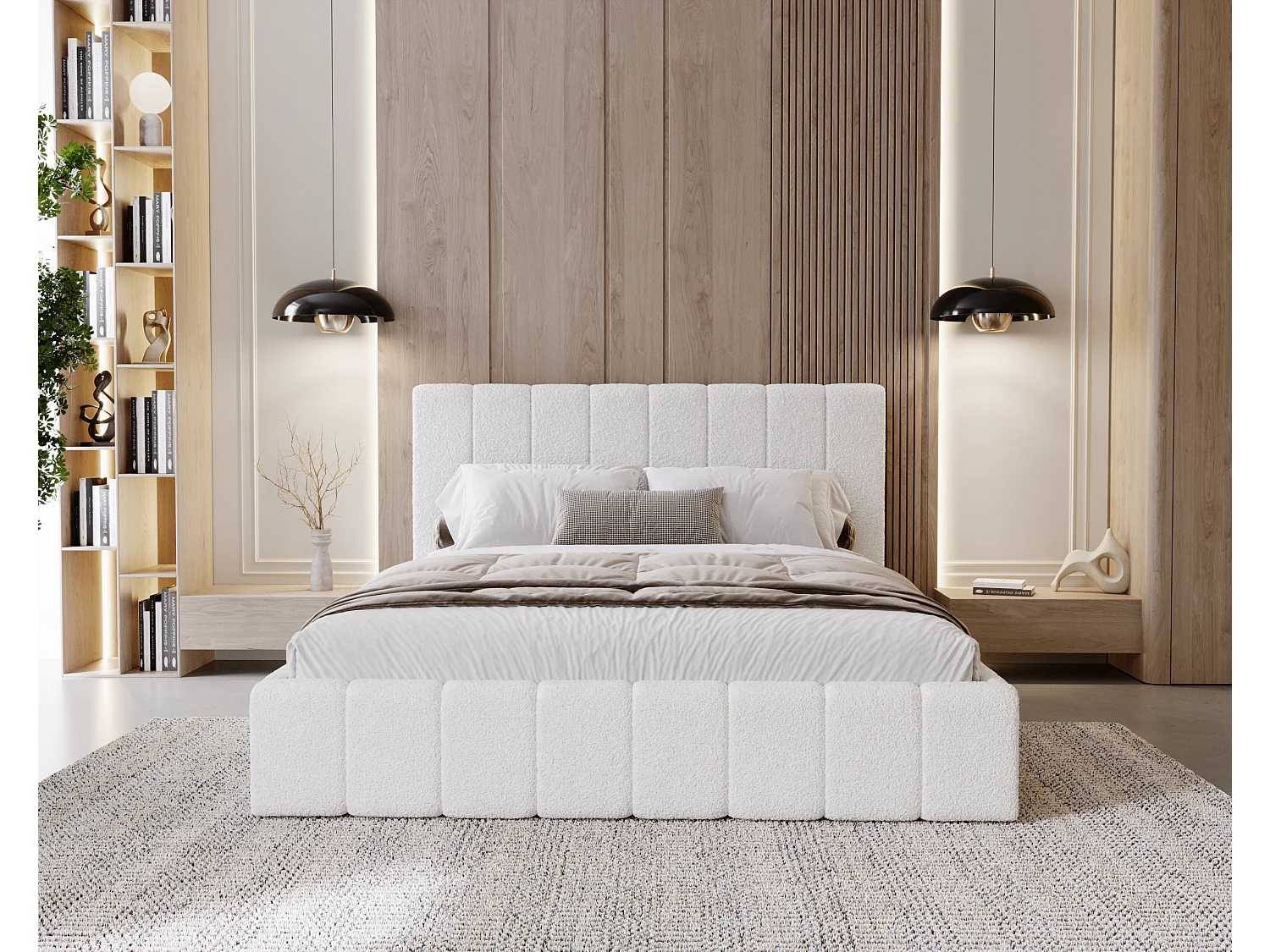 BESILIO Sypialnia łóżko slim 200x200 Lexy - stelaż metalowy, pojemnik na pościel, slim łóżko, tkanina boucle - Biały