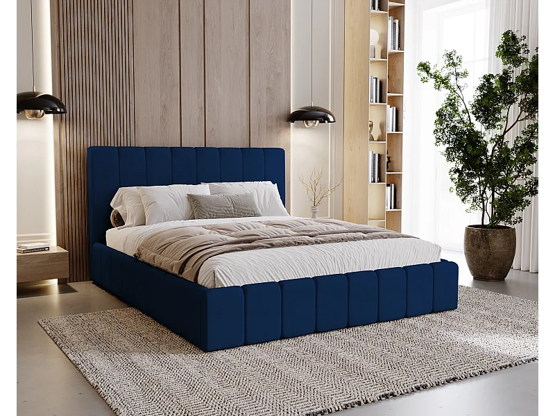 BESILIO Lit tapissé Slim 200x200 Lexy – cadre en métal, coffre de rangement pour le linge de lit, lit fin, tissu velours – Bleu marine