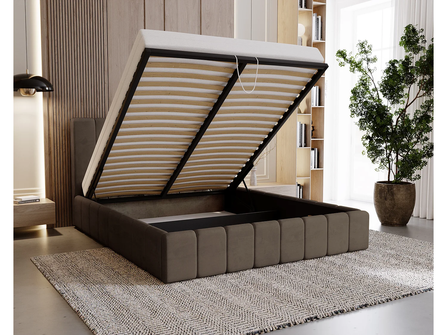 BESILIO Tapicerowane łóżko slim 140x200 Lexy - stelaż metalowy, pojemnik na pościel, slim łóżko, tkanina velurowa - Brązowy