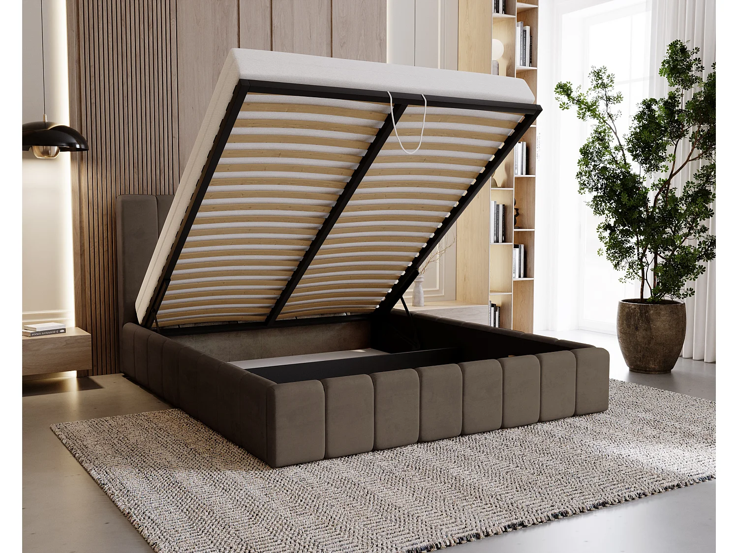 BESILIO Gestoffeerd bed Slim 140x200 Lexy – metalen frame, opbergruimte voor beddengoed, slank bed, fluwelen stof – Bruin