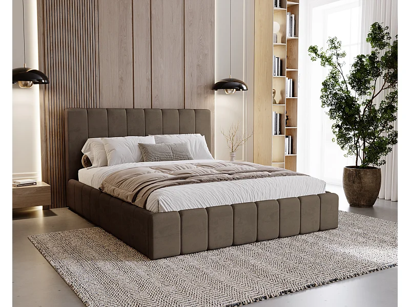 BESILIO Lit tapissé Slim 140x200 Lexy – cadre en métal, coffre de rangement pour le linge de lit, lit fin, tissu velours – Marron