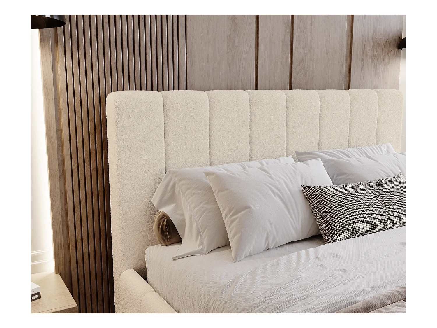 BESILIO Lit de chambre Slim 140x200 Lexy – cadre en métal, coffre de rangement pour le linge de lit, lit fin, tissu bouclé – Crème