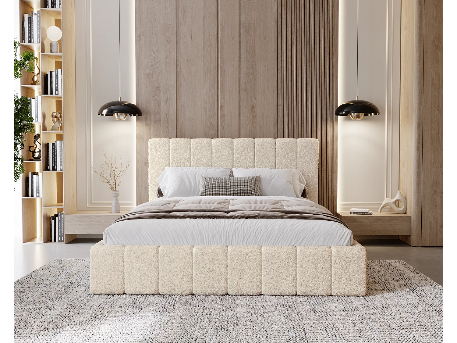 BESILIO Sypialnia łóżko slim 140x200 Lexy - stelaż metalowy, pojemnik na pościel, slim łóżko, tkanina boucle - Kremowy