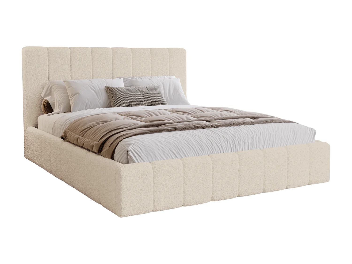 BESILIO Sypialnia łóżko slim 140x200 Lexy - stelaż metalowy, pojemnik na pościel, slim łóżko, tkanina boucle - Kremowy