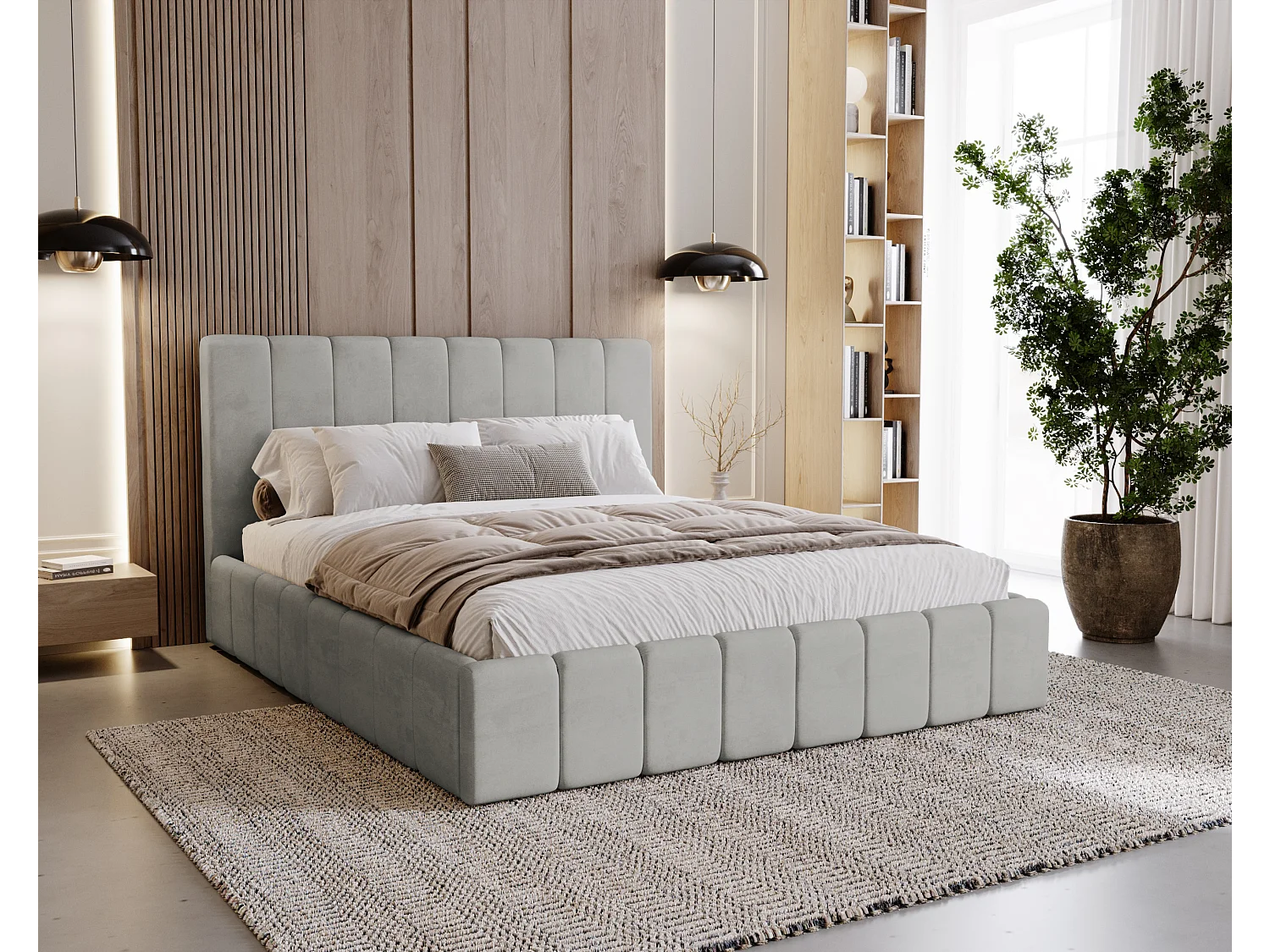 BESILIO Tapicerowane łóżko slim 160x200 Lexy - stelaż metalowy, pojemnik na pościel, slim łóżko, tkanina velurowa - Jasnoszary