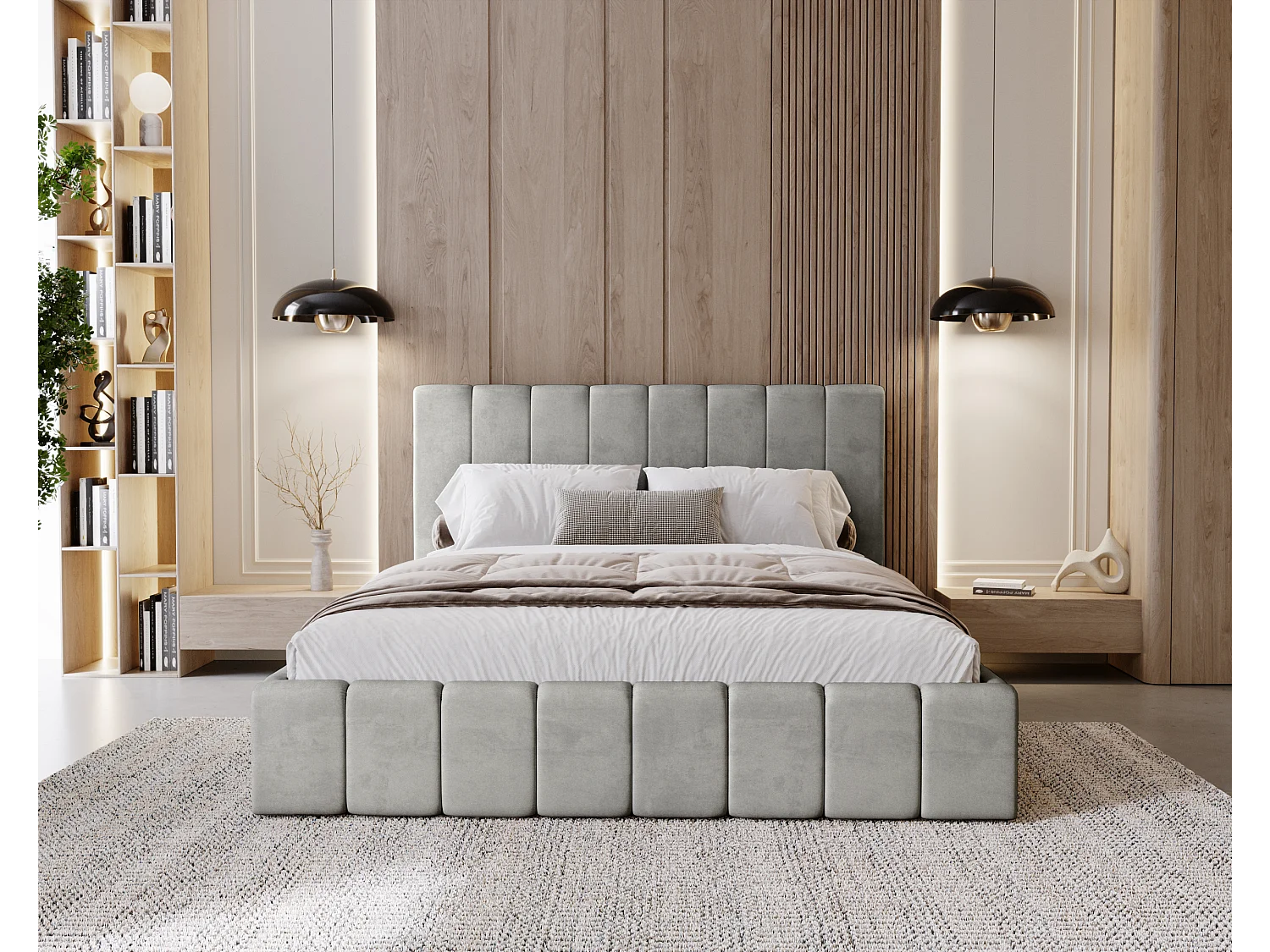 BESILIO Tapicerowane łóżko slim 160x200 Lexy - stelaż metalowy, pojemnik na pościel, slim łóżko, tkanina velurowa - Jasnoszary