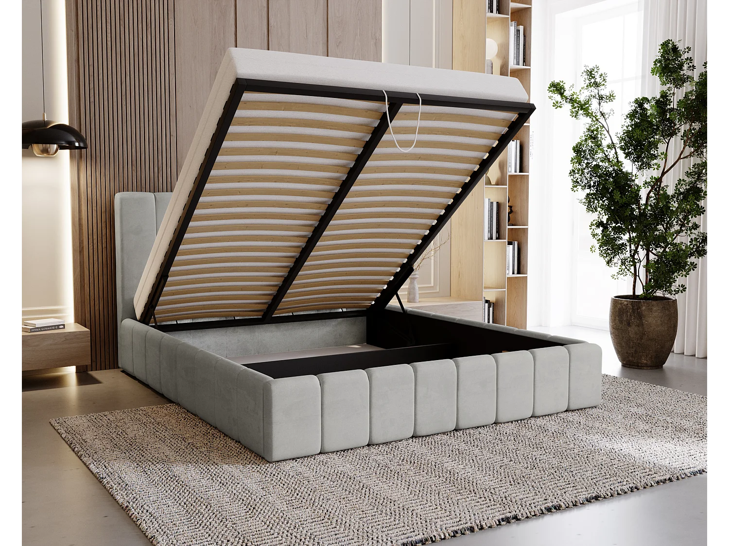 BESILIO Tapicerowane łóżko slim 160x200 Lexy - stelaż metalowy, pojemnik na pościel, slim łóżko, tkanina velurowa - Jasnoszary