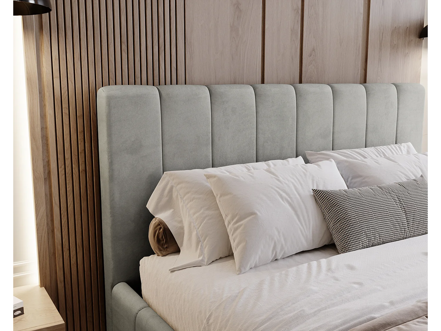 BESILIO Tapicerowane łóżko slim 160x200 Lexy - stelaż metalowy, pojemnik na pościel, slim łóżko, tkanina velurowa - Jasnoszary