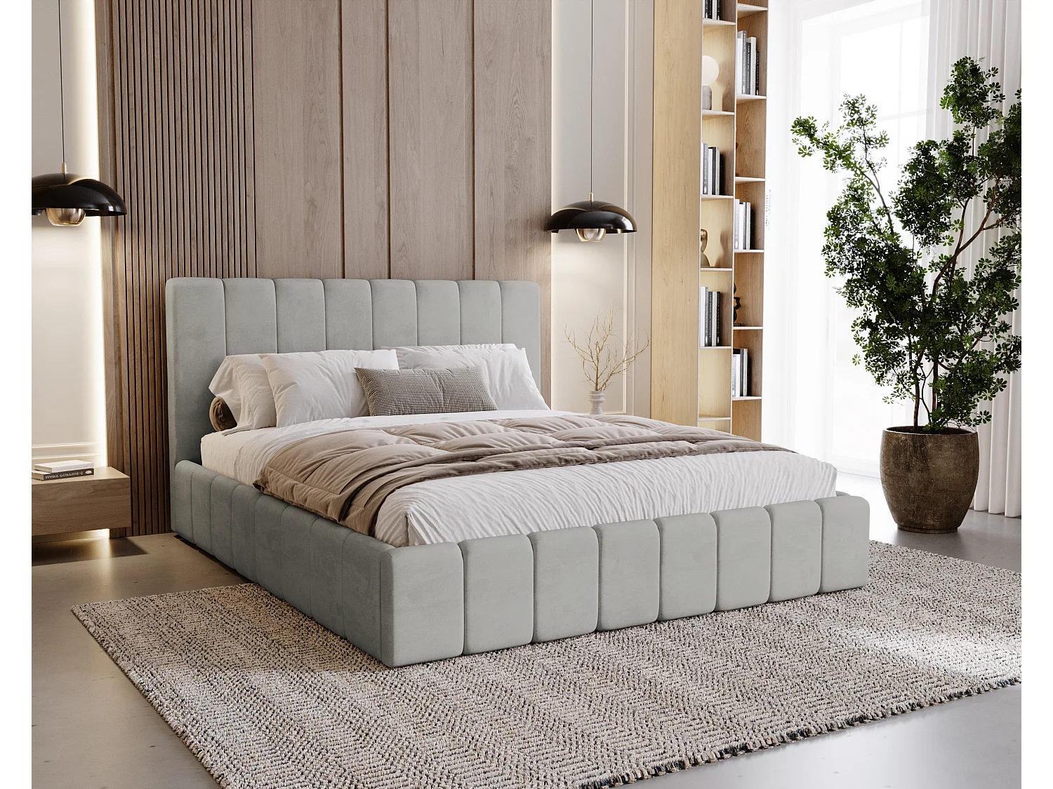 BESILIO Lit tapissé Slim 160x200 Lexy – cadre en métal, coffre de rangement pour le linge de lit, lit fin, tissu velours – Gris clair