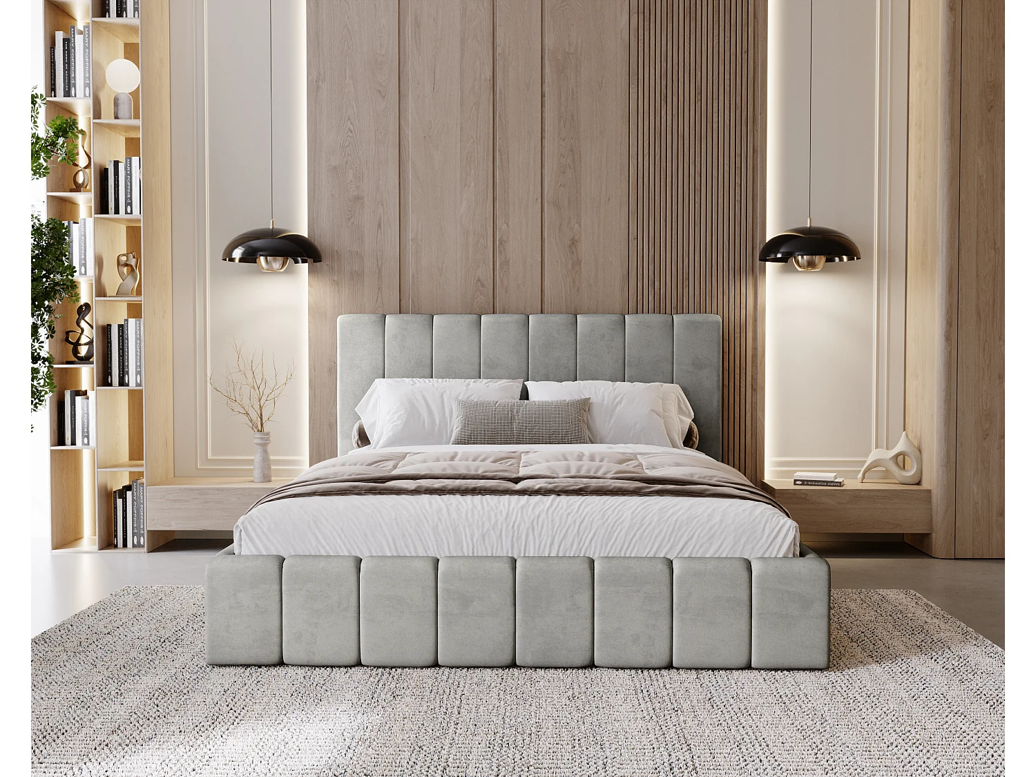 BESILIO Lit tapissé Slim 160x200 Lexy – cadre en métal, coffre de rangement pour le linge de lit, lit fin, tissu velours – Gris clair