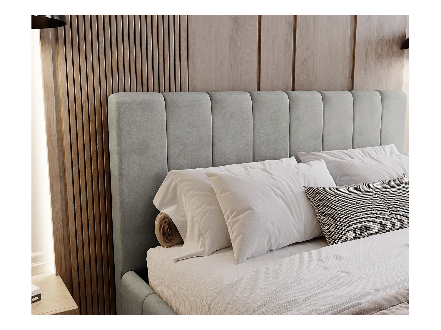 BESILIO Tapicerowane łóżko slim 180x200 Lexy - stelaż metalowy, pojemnik na pościel, slim łóżko, tkanina velurowa - Jasnoszary