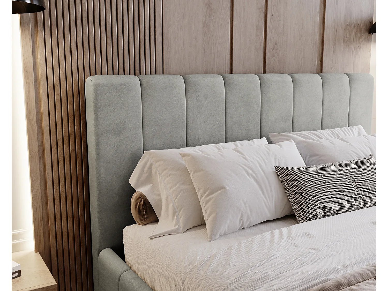 BESILIO Tapicerowane łóżko slim 180x200 Lexy - stelaż metalowy, pojemnik na pościel, slim łóżko, tkanina velurowa - Jasnoszary