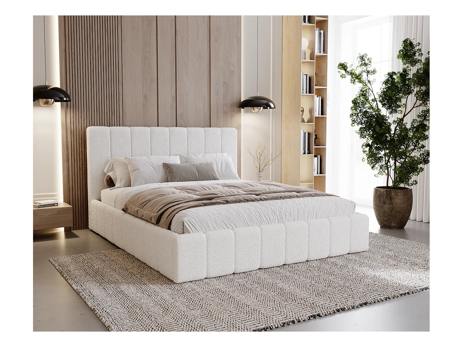 BESILIO Łóżko tapicerowane Boucle 160x200 Lexy - stelaż listwowy, wezgłowie, pojemnik, łóżko slim - Biały