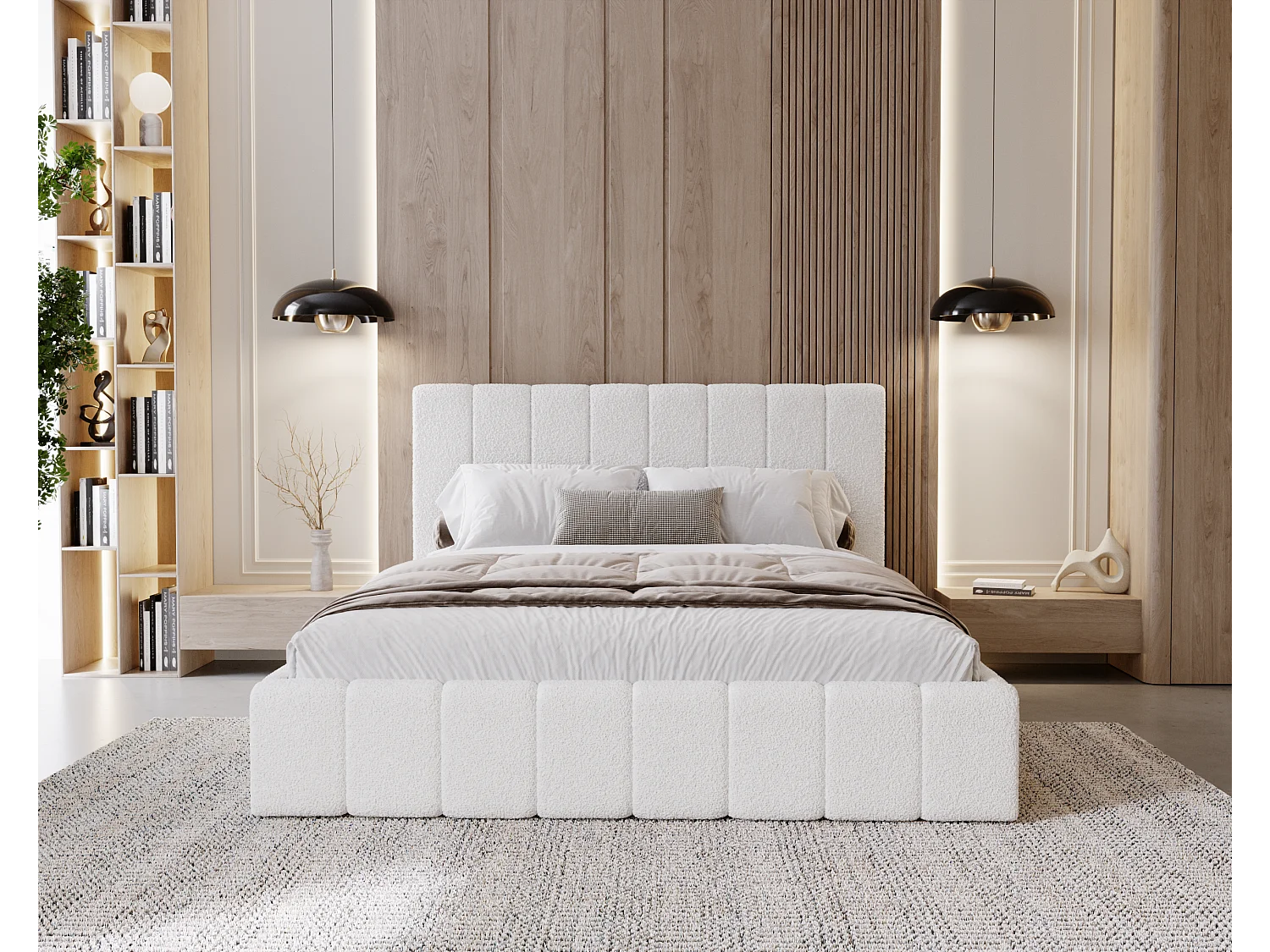 BESILIO Schlafzimmerbett Slim 160x200 Lexy – Metallrahmen, Bettkasten, schlankes Bett, Boucle-Stoff – Weiß