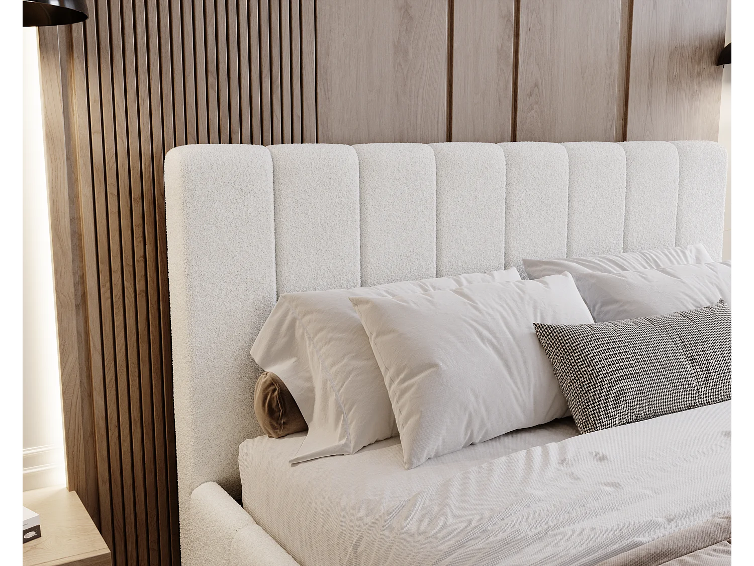 BESILIO Schlafzimmerbett Slim 160x200 Lexy – Metallrahmen, Bettkasten, schlankes Bett, Boucle-Stoff – Weiß