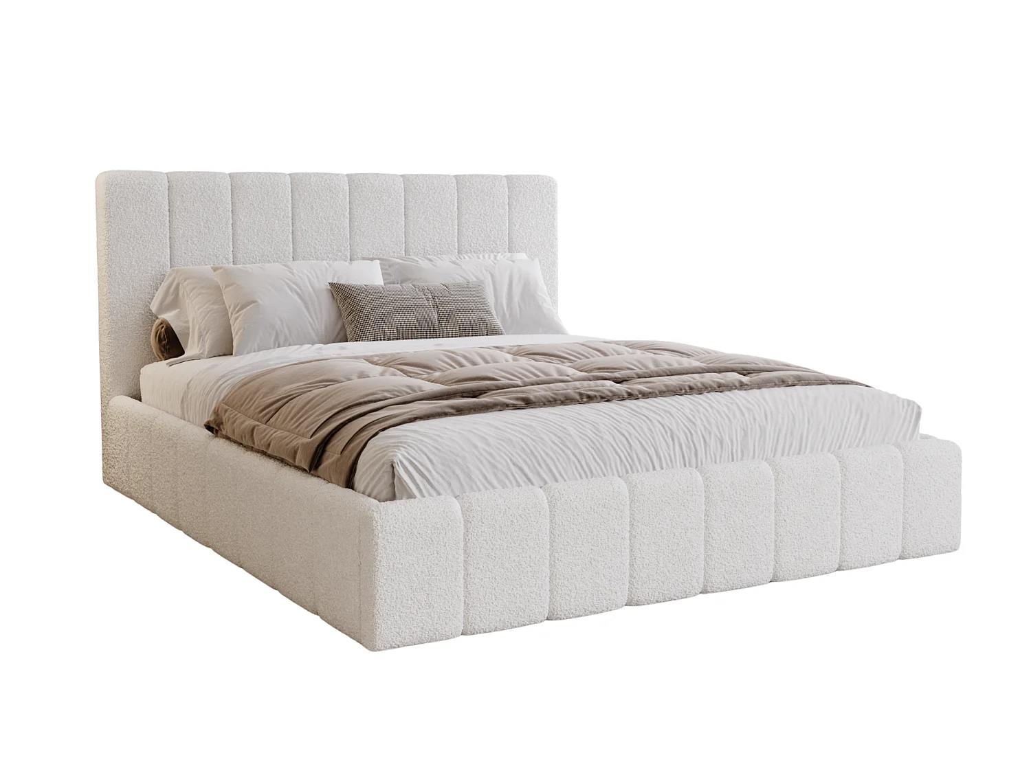 BESILIO Lit de chambre Slim 160x200 Lexy – cadre en métal, coffre de rangement pour le linge de lit, lit fin, tissu bouclé – Blanc