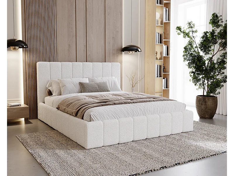 BESILIO Lit de chambre Slim 160x200 Lexy – cadre en métal, coffre de rangement pour le linge de lit, lit fin, tissu bouclé – Blanc