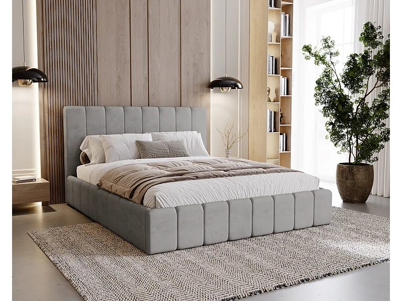 BESILIO Tapicerowane łóżko slim 160x200 Lexy - stelaż metalowy, pojemnik na pościel, slim łóżko, tkanina velurowa - Szary