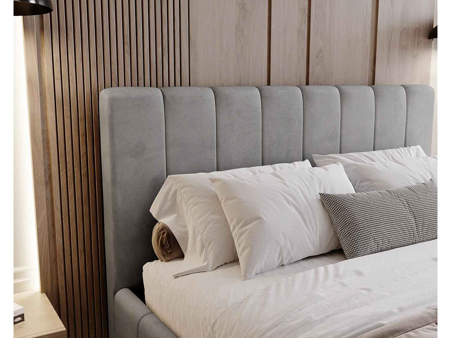 BESILIO Lit tapissé Slim 160x200 Lexy – cadre en métal, coffre de rangement pour le linge de lit, lit fin, tissu velours – Gris