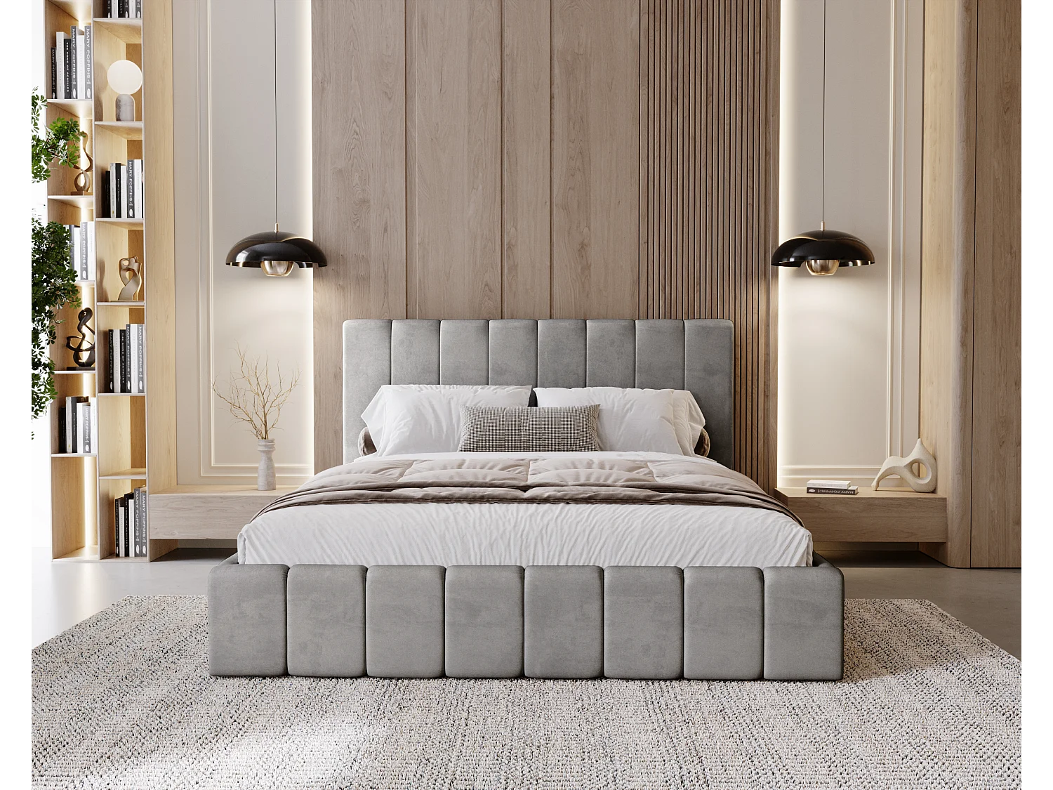 BESILIO Lit tapissé Slim 200x200 Lexy – cadre en métal, coffre de rangement pour le linge de lit, lit fin, tissu velours – Gris