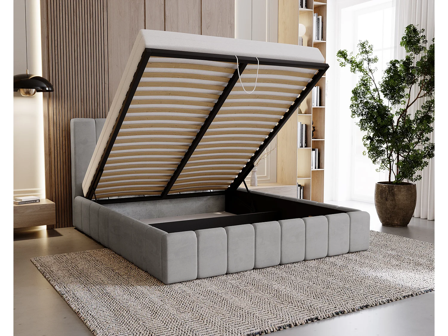 BESILIO Tapicerowane łóżko slim 180x200 Lexy - stelaż metalowy, pojemnik na pościel, slim łóżko, tkanina velurowa - Szary