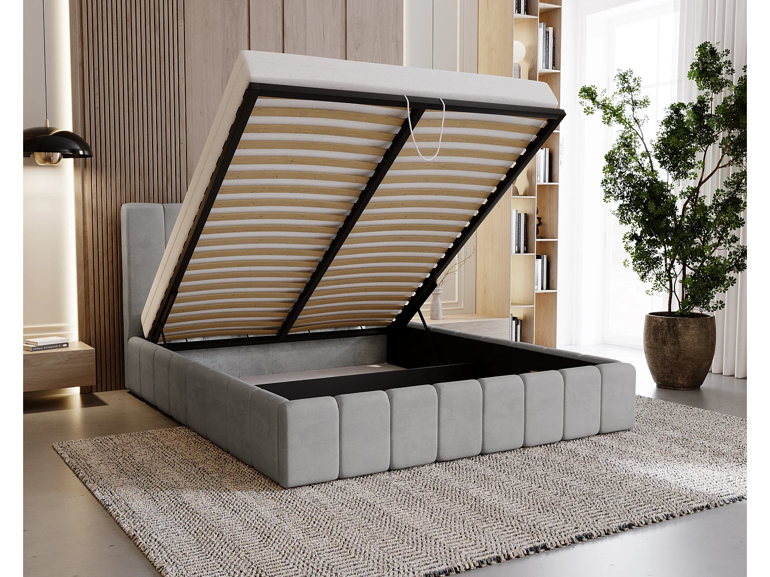 BESILIO Tapicerowane łóżko slim 180x200 Lexy - stelaż metalowy, pojemnik na pościel, slim łóżko, tkanina velurowa - Szary